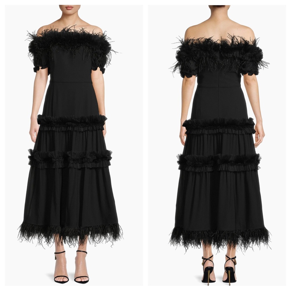 Shani Off The Shoulder Feather Trim Midi Dress in Navy